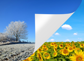 Winter and spring landscape. Concept of change season.
